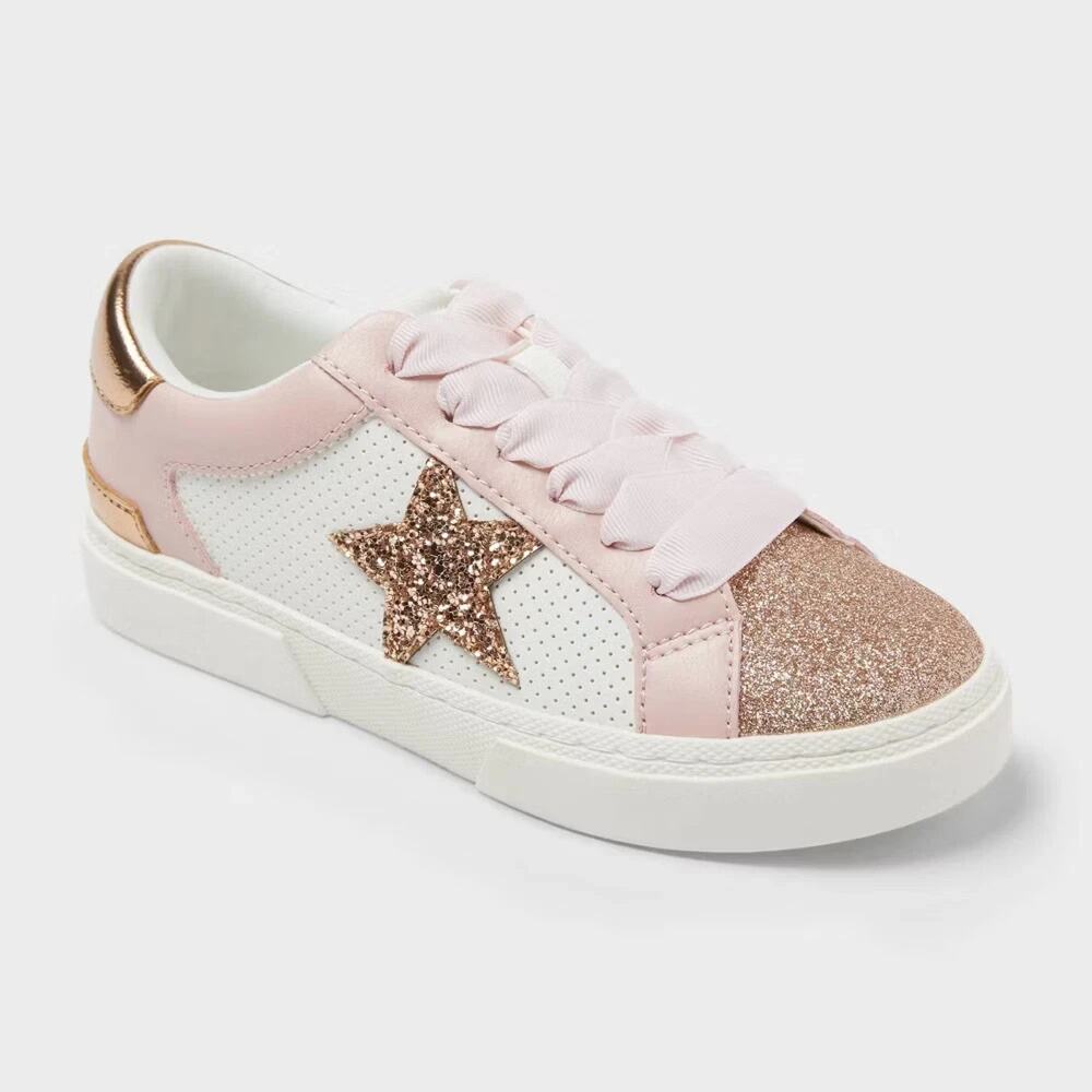 Girls Big Kids Size 5 Pink Glitter Star Sneakers Lace Up Art Class Kaitlyn New